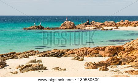 Meelup Beach near the town of Dunsborough in Western Australia. This is a coastline frequented by potentially dangerous sharks.
