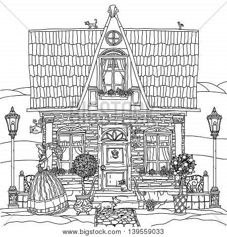 frontage of a house with flowers, plants, cat and dog for adult coloring book or for zen art therapy anti stress drawing. Hand-drawn, vector, very detailed, for coloring book, poster design, contoured