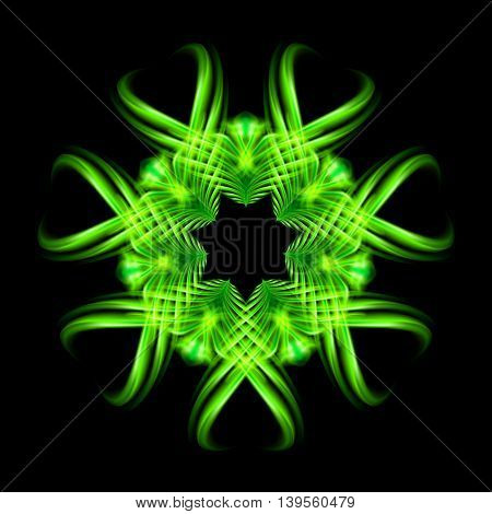 Green fire ornate decorative rhythmic flamy smudge floral pattern on the black background. Six patterns in different directions.
