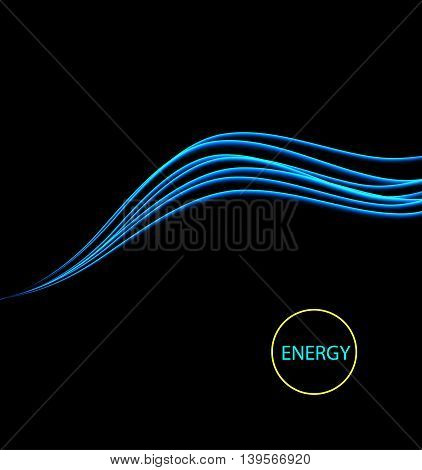 Magic glowing light swirl trail trace effect on black background. Glitter fire spark wave line with flying sparkling flash lights.