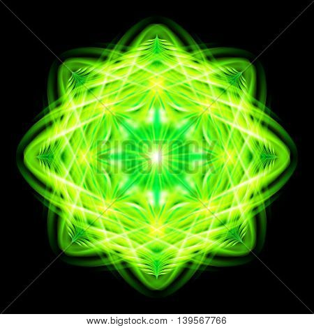 Green sunny flamy ornate decorative floral pattern on the black background. Eight patterns in different directions.