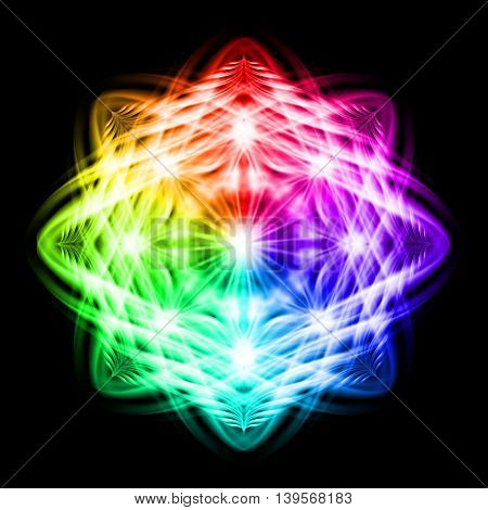Multicolored sunny flamy ornate decorative floral pattern on the black background. Eight patterns in different directions.