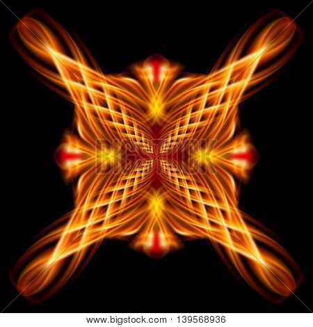 Golden shiny glossy ornate decorative braid flamy floral pattern on the black background. Four patterns in different directions.