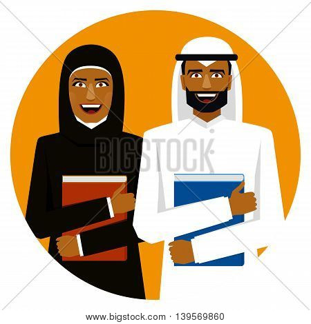 Round emblem. Smiling arab students with books.