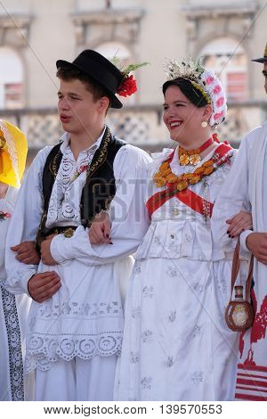 ZAGREB, CROATIA - JULY 23: Members of folk group Kolo from Donja Bebrina, Croatia  during the 50th International Folklore Festival in center of Zagreb, Croatia on July 23, 2016
