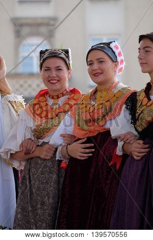 ZAGREB, CROATIA - JULY 23: Members of folk group Kolo from Donja Bebrina, Croatia  during the 50th International Folklore Festival in center of Zagreb, Croatia on July 23, 2016