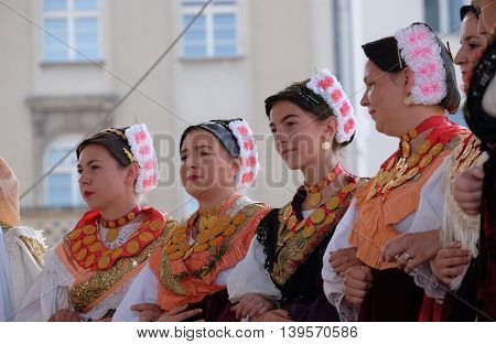 ZAGREB, CROATIA - JULY 23: Members of folk group Kolo from Donja Bebrina, Croatia  during the 50th International Folklore Festival in center of Zagreb, Croatia on July 23, 2016
