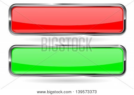 Web buttons. Red and green shiny button with metal frame. Vector illustration isolated on white background