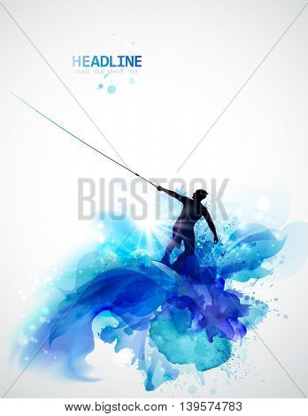 Abstract image of movement, speed and water. Black silhouette of wakeboarder on the abstract watercolor blots background.