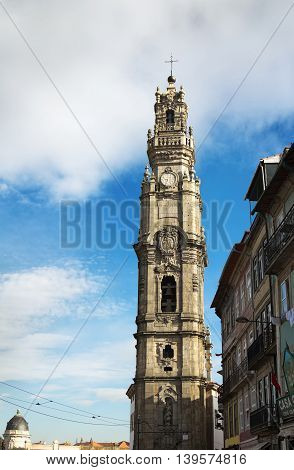 Porto Portugal November 30 2014: The Clerics Tower (Torre dos Clerigos) is a Baroque church in the city of Porto in Portugal.