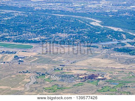 ALBUQUERQUE, USA - MAY 24, 2015: View of the Sandia Resort and Casino from Sandia Crest with the Rio Grande and part of Albuquerque USA in the back.