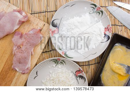 pork and flour with bread crumb for cooking tongkatsu / Cooking Japanese pork curry concept