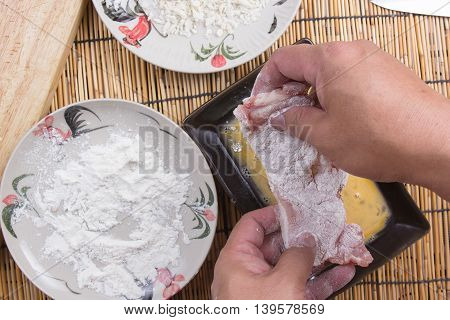 pork and flour with bread crumb for cooking tongkatsu / Cooking Japanese pork curry concept