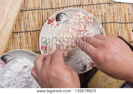 pork and flour with bread crumb for cooking tongkatsu / Cooking Japanese pork curry concept