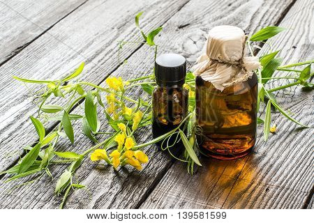 Medicinal plant Lathyrus pratensis or Meadow vetchling and pharmaceutical bottles on a dark wooden table. Used in herbal medicine for livestock feed honey plant. Selective focus