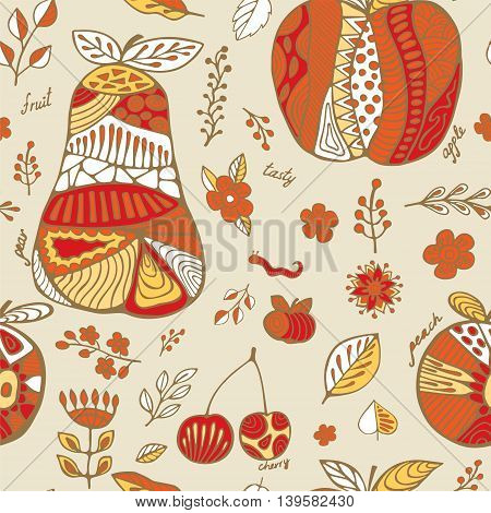 stock vector set of fruit with cherry pear peach apple leaf and flower.seamless hand draw doodle pattern