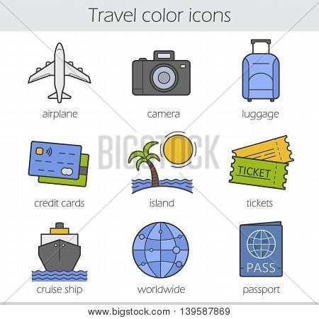 Travelling color icons set. Airplane, camera, lugagge, credit cards and island. Tickets, cruise ship, worldwide and passport symbols. Vector isolated illustrations
