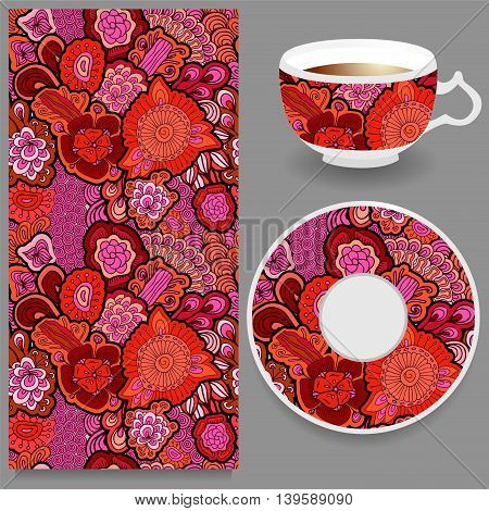 stock vector cup of coffee and seamless floral oriental ornament. hand draw