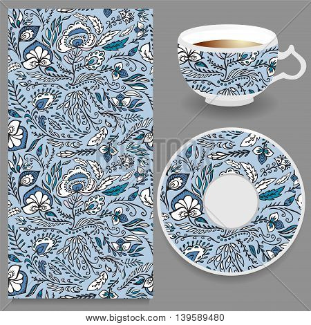 stock vector cup of coffee and seamless floral oriental ornament. hand draw