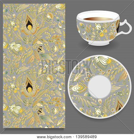 stock vector cup of coffee and seamless floral oriental ornament. hand draw