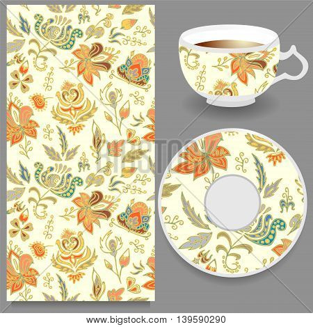 stock vector cup of coffee and seamless floral oriental ornament. hand draw