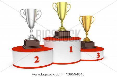 Sports winning and championship and competition success concept - golden silver and bronze winners trophy cups on sports pedestal white winners podium with red stairs 3d illustration diagonal