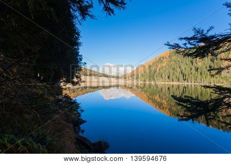 Reflections On Water, Autumn Panorama From Mountain Lake