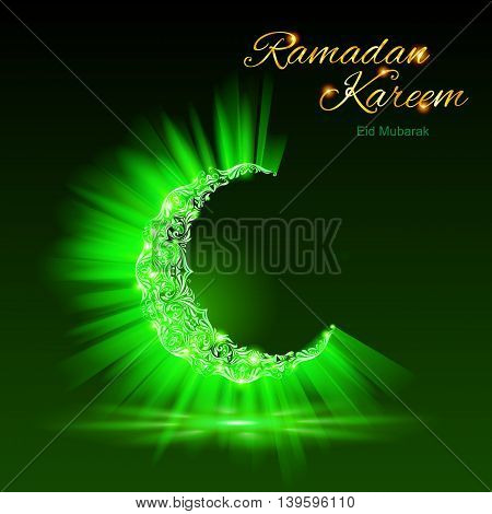 Glowing ornate crescent with bright flare and radiance in brilliant green shades. Greeting card of holy Muslim month Ramadan