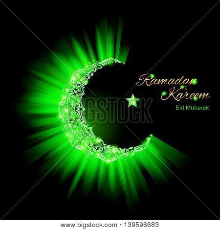 Glowing ornate Crescent Moon and a star in bright green. Greeting card of holy Muslim month Ramadan