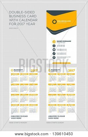 Double-sided Vertical Business Card Template With Calendar For 2017 Year. Week Starts Monday. Week S