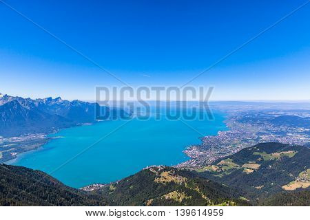 Aerial view of Lake Geneva and Montreux city from the view platform on Rochers-de-Naye on a sunny summer day in canton of Vaud Switzerland.