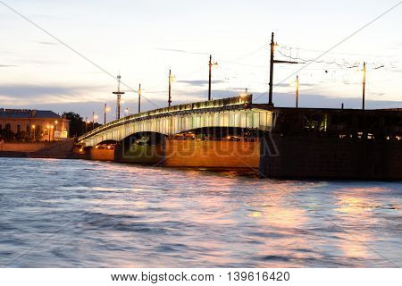 Foundry Bridge and Neva River in St.Petersburg before sunrise. Russia.