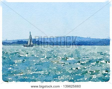 A digital watercolor painting of a sailing boat in the sea with its sails up and land in the background. With space for text.