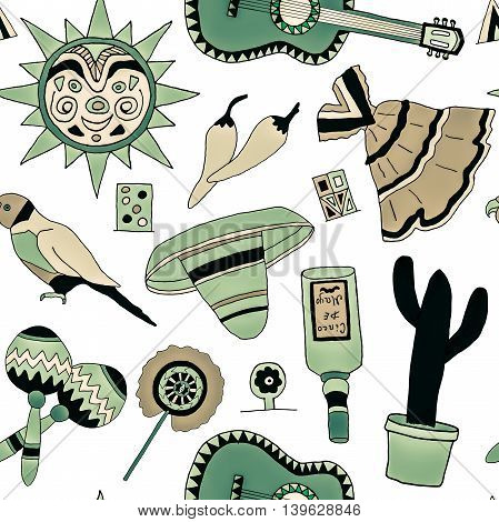 Seamless pattern with hand drawn mexican elements. Perfect background for your design. Travel to Mexico texture.