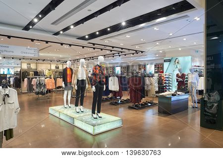 MACAO, CHINA - FEBRUARY 16, 2016: inside of Shoppes at Sands Cotai Centra. Shoppes at Sands Cotai Central is a large shopping mall in Macao