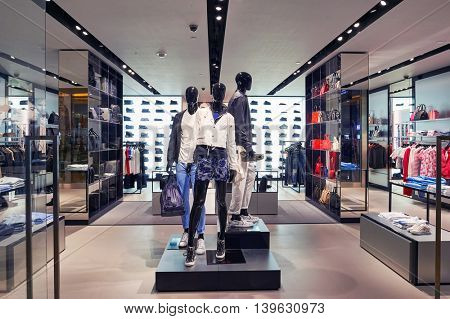 MACAO, CHINA - FEBRUARY 16, 2016: inside of Shoppes at Sands Cotai Centra. Shoppes at Sands Cotai Central is a large shopping mall in Macao