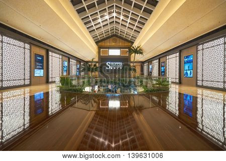MACAO, CHINA - FEBRUARY 16, 2016: inside of Shoppes at Sands Cotai Centra. Shoppes at Sands Cotai Central is a large shopping mall in Macao