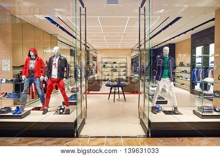 MACAO, CHINA - FEBRUARY 16, 2016: inside of Shoppes at Sands Cotai Centra. Shoppes at Sands Cotai Central is a large shopping mall in Macao