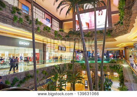 MACAO, CHINA - FEBRUARY 16, 2016: inside of Shoppes at Sands Cotai Centra. Shoppes at Sands Cotai Central is a large shopping mall in Macao