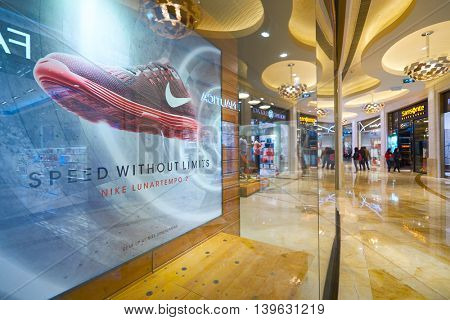 MACAO, CHINA - FEBRUARY 16, 2016: inside of Shoppes at Sands Cotai Centra. Shoppes at Sands Cotai Central is a large shopping mall in Macao