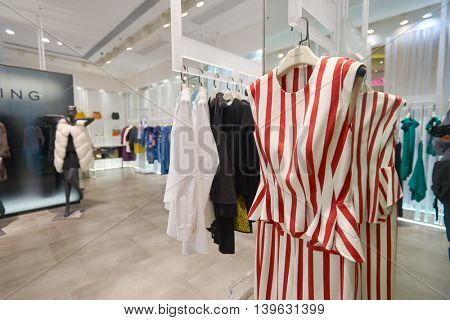 MACAO, CHINA - FEBRUARY 16, 2016: inside of Shoppes at Sands Cotai Centra. Shoppes at Sands Cotai Central is a large shopping mall in Macao