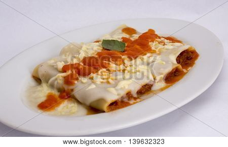 Canelones Italian Dish Bolognese style (caneloni). tomatoes sauce, bechamel, grounded beef meat, basil.