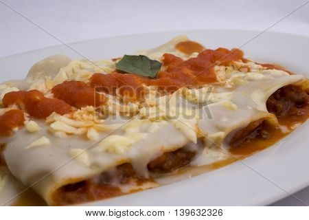 Canelones Italian Dish Bolognese style (caneloni). tomatoes sauce, bechamel, grounded beef meat, basil.