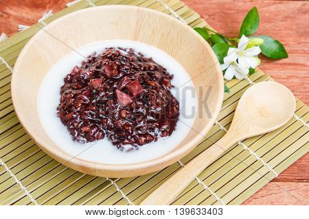 Black Sticky Rice Pudding With Taro, Thai Dessert.