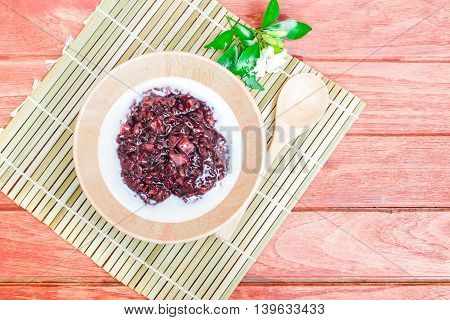 Black Sticky Rice Pudding With Taro, Thai Dessert.