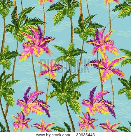 hawaii shirt palm trees pattern. Vector seamless design with beautiful tropical palms with sea and waves background