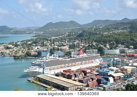 CASTRIES ST LUCIA CARIBBEAN 19 January 2015: Large Cruise Ship in harbour of Capital of St Lucia