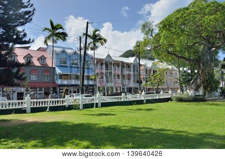 CASTRIES ST LUCIA CARIBBEAN 19 January 2015: Row of government buildings near town square