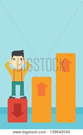An asian bankrupt clutching his head. Businessman standing on chart going down. Concept of business bankruptcy. Vector flat design illustration. Vertical layout.