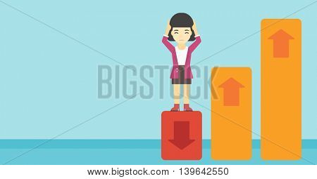 An asian business woman clutching her head. Bankrupt standing on chart going down. Concept of business bankruptcy. Vector flat design illustration. Horizontal layout.
